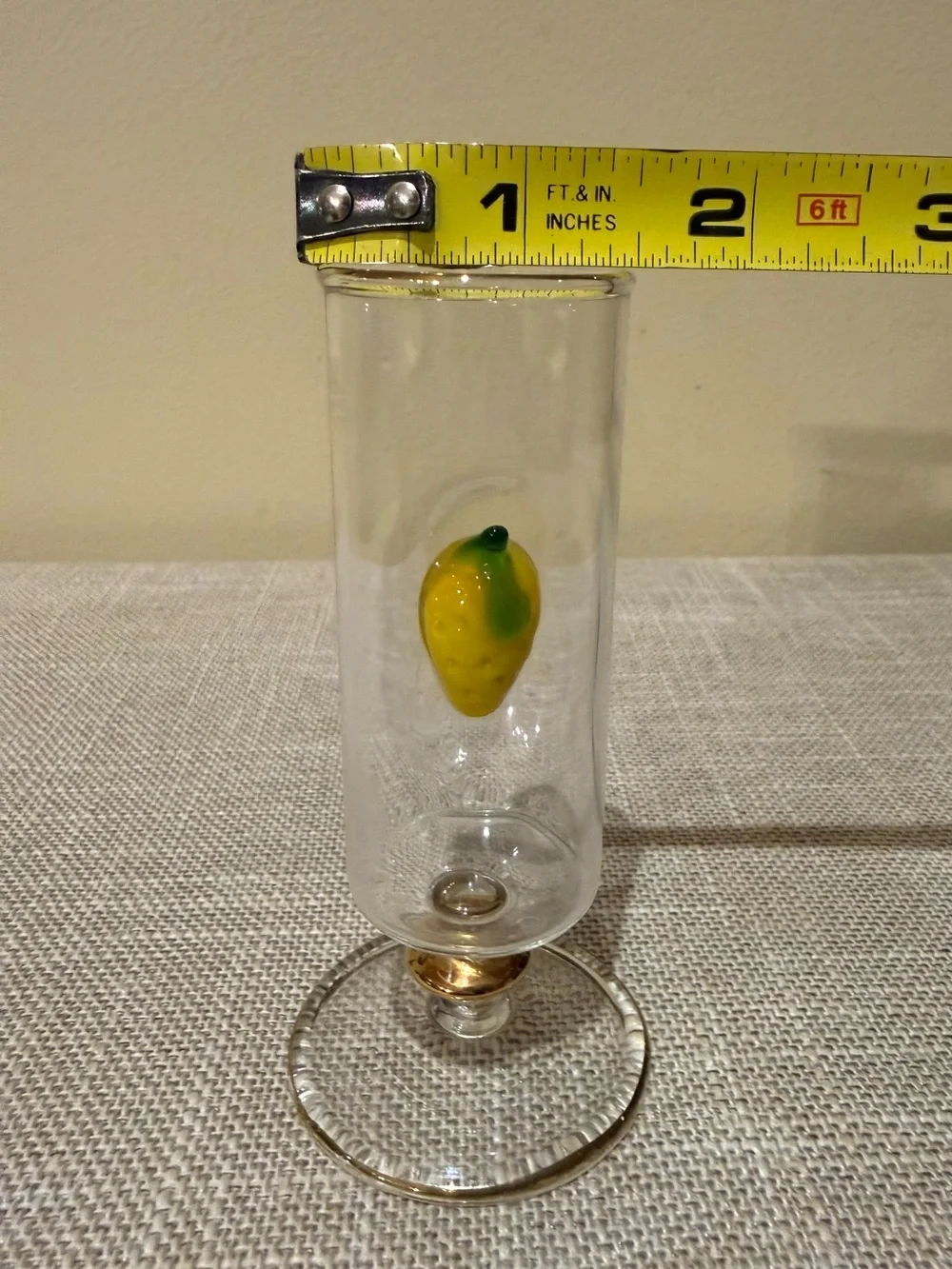Vintage Art Glass Footed Cordial Glass Lemon Motif Gold Trim 4.5